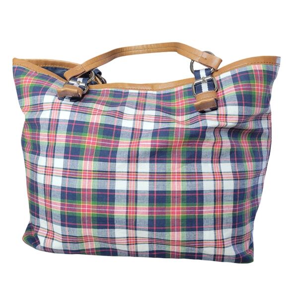 Tommy Hilfiger Madras Plaid Faux Leather Preppy Americana Tote Shoulder Bag 2011 - Picture 2 of 12